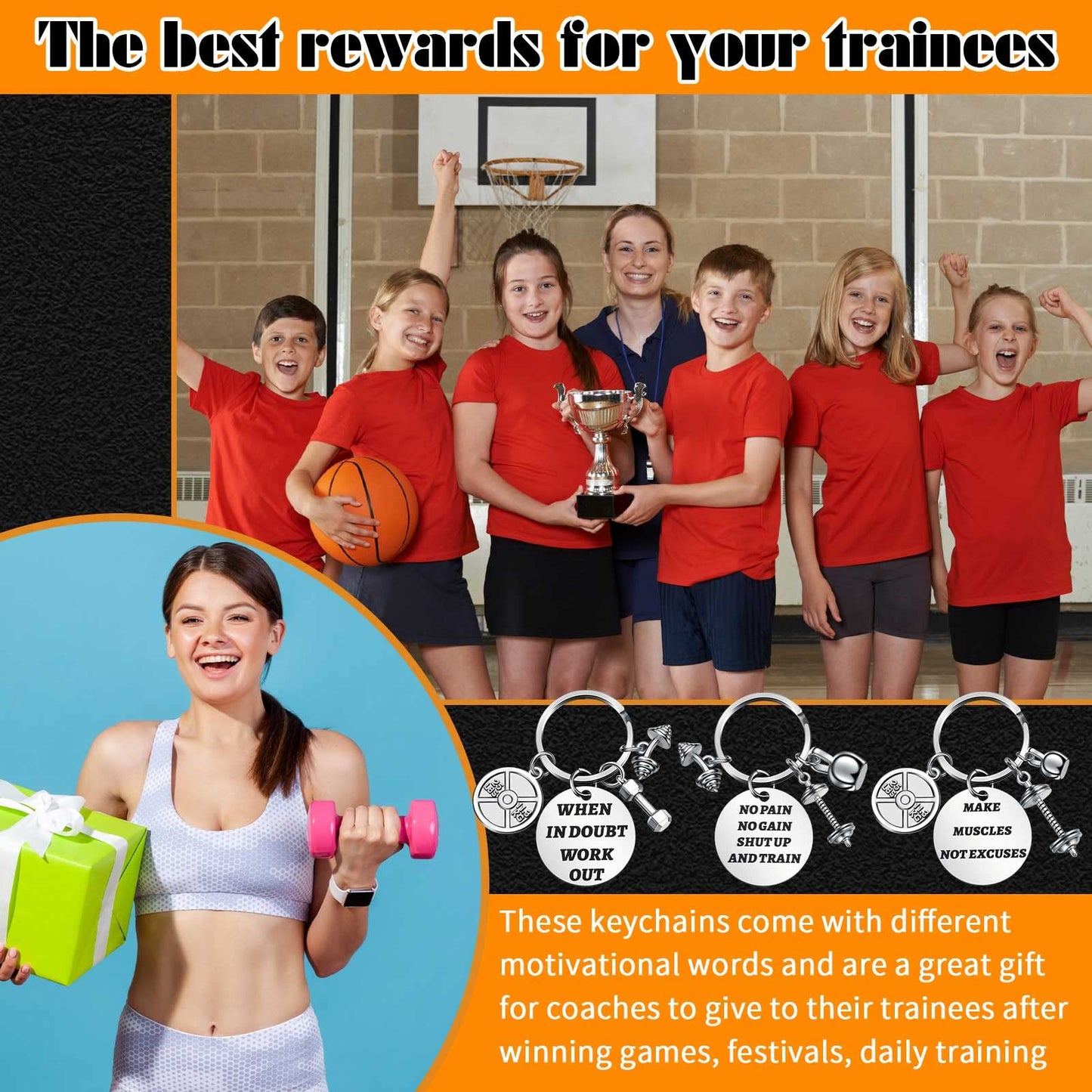 Yinkin 6 Pcs Fitness Gym Charm Keychains Stainless Steel Fitness Gifts with Quote Dumbbell Personal Trainer Workout Gifts for Women