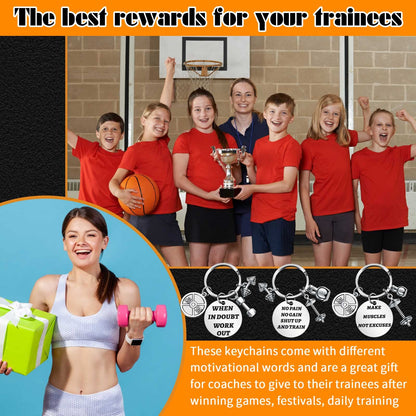 Yinkin 6 Pcs Fitness Gym Charm Keychains Stainless Steel Fitness Gifts with Quote Dumbbell Personal Trainer Workout Gifts for Women