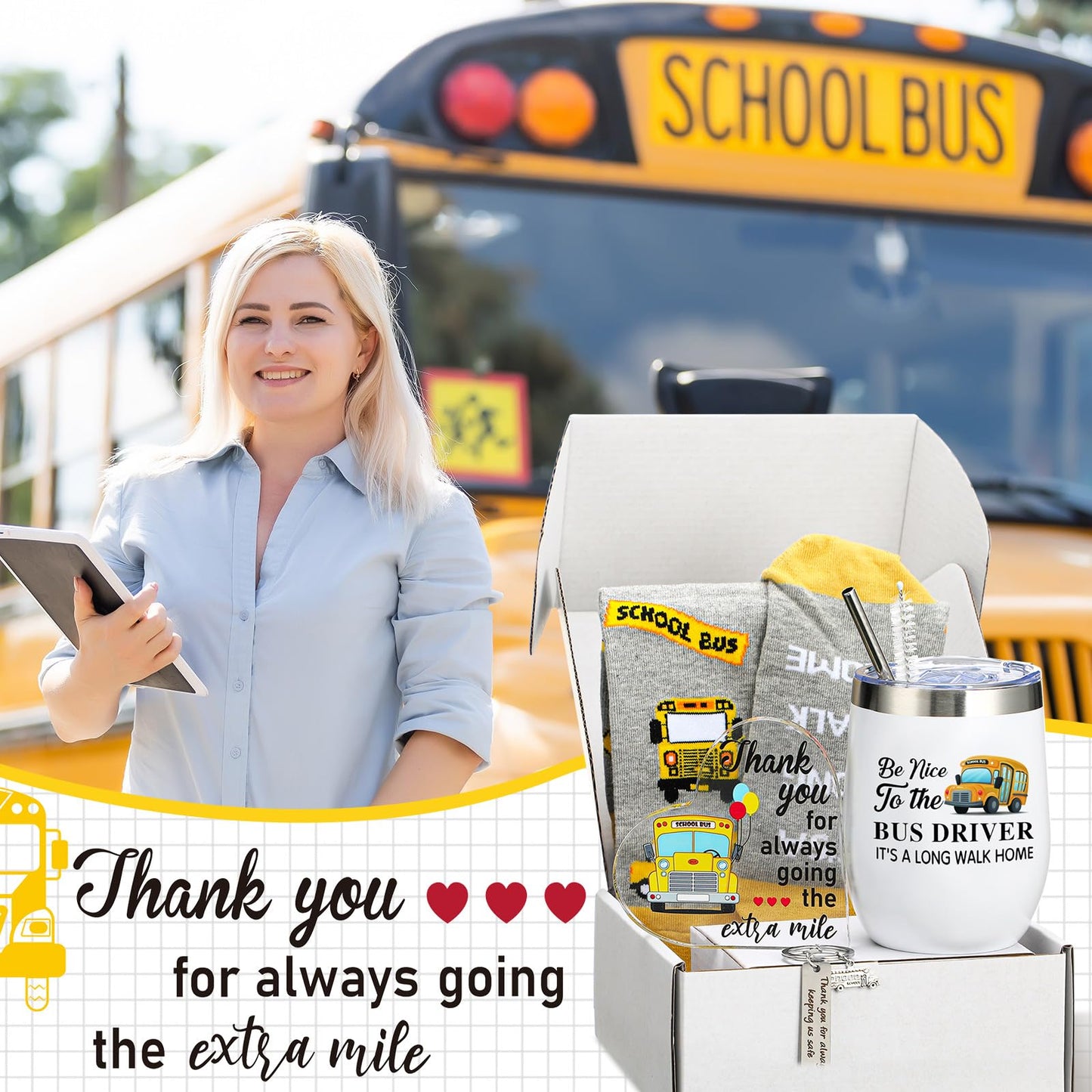 FoldTier 5 Pcs End of Year School Bus Driver Appreciation Gifts for Women Men 12oz Tumbler with Lid and Socks Stainless Steel Keychain Heart Acrylic Sign Box for Bus Driver Valentine Gifts