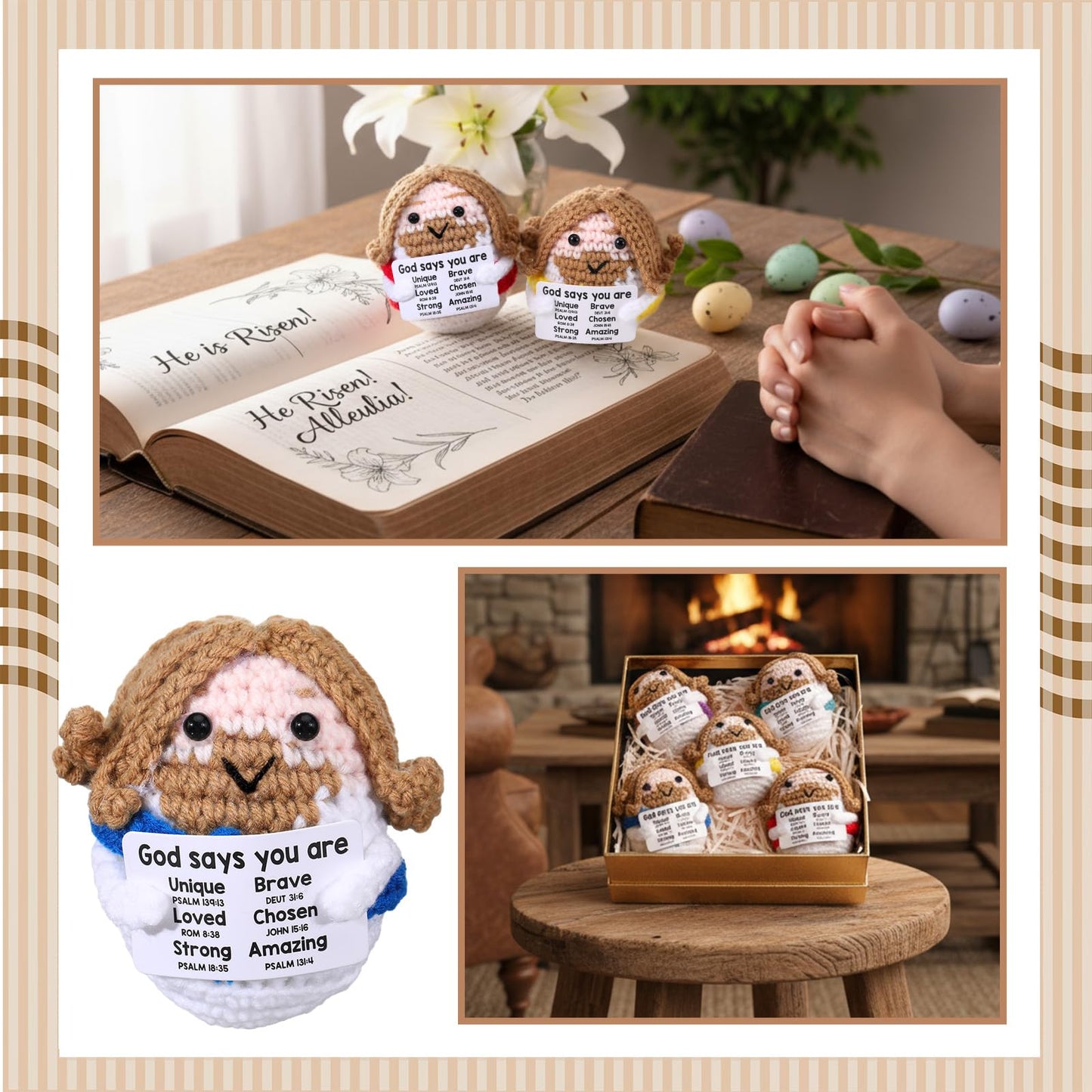 Marsui 5 Pcs 5 Pcs Crochet Dolls Christian Positive Gifts for Women Mini Jesus Figures with Positive Card Handmade Religious Crochet Plush Doll for Church Sunday School Motivational Gift (Colorful)