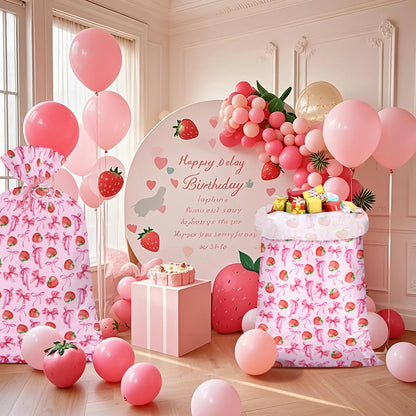 WRAPAHOLIC 56" Large Strawberry Bow Plastic Gift Bag - Pink Bow and Sweet Strawberry Jumbo Bike Bag Gift Wrap for Women Girls Birthday, Baby Shower, Wedding, Bridal Shower - 56" H x 36" W