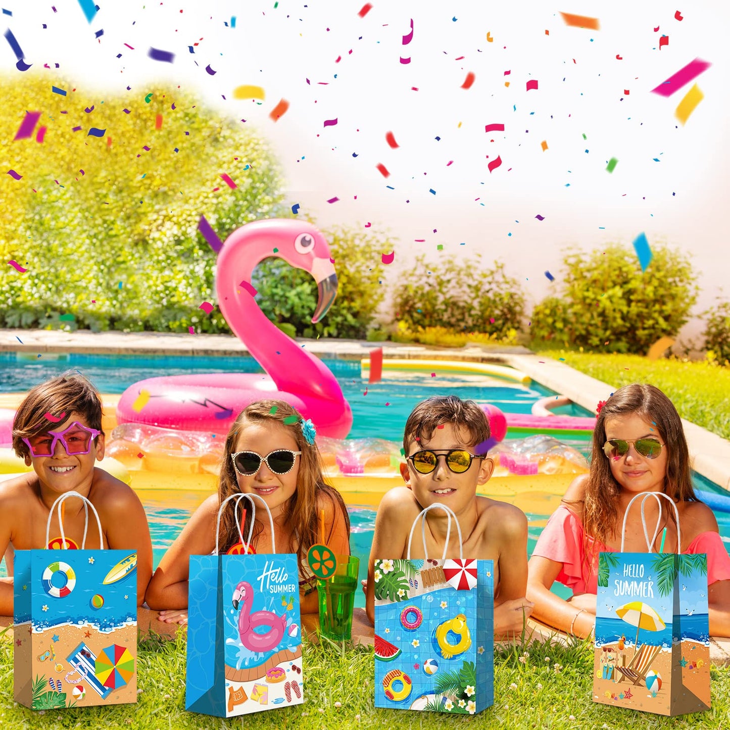 Pajean Beach Party Paper Bags, Summer Pool Goodie Candy Gift Treat Bags for Luau Tropical Beach Party Favors Supplies