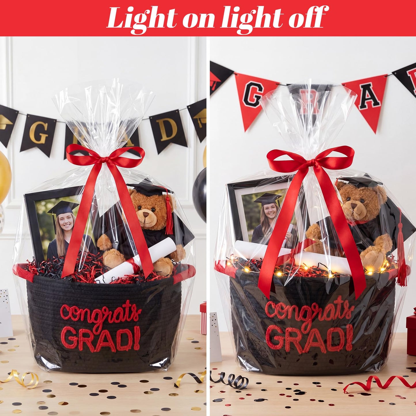 Colingmill 2026 Graduation Large Gift Basket Empty to Fill, 15"x10"x9" Congrats Grad Decorative Rope Storage Basket with Card, LED String Lights & Paper Filler, DIY Graduation Gift(Black Red)