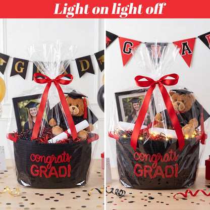 Colingmill 2026 Graduation Large Gift Basket Empty to Fill, 15"x10"x9" Congrats Grad Decorative Rope Storage Basket with Card, LED String Lights & Paper Filler, DIY Graduation Gift(Black Red)
