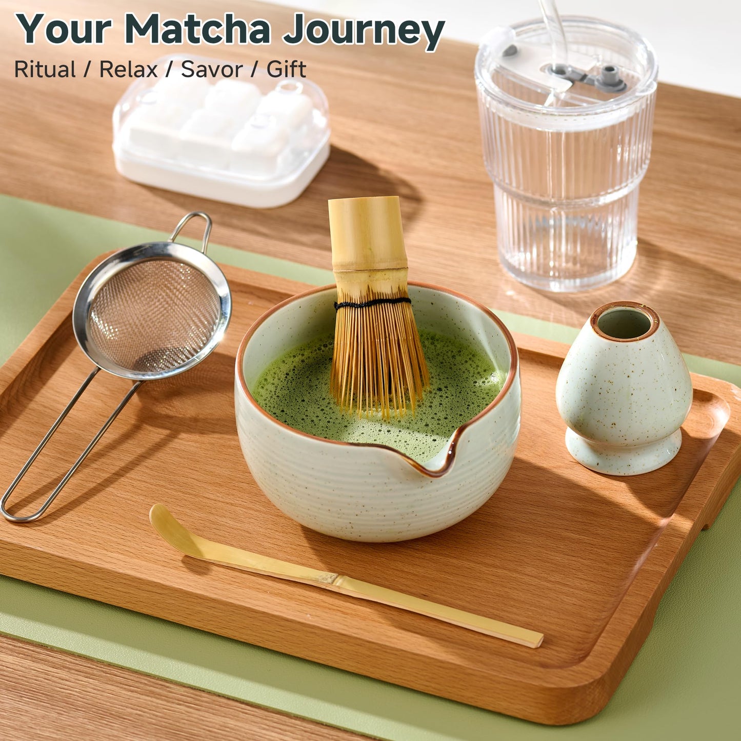 ComboJoy Matcha Whisk Set, Complete Matcha Kit with Bowl, Bamboo Whisk & Holder, Scoop, Sifter, Glass Cup with Lid & Straw, Ice Cube Tray – Matcha Gift Set for Matcha Lovers
