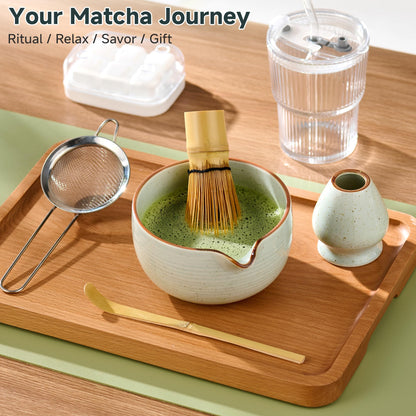 ComboJoy Matcha Whisk Set, Complete Matcha Kit with Bowl, Bamboo Whisk & Holder, Scoop, Sifter, Glass Cup with Lid & Straw, Ice Cube Tray – Matcha Gift Set for Matcha Lovers