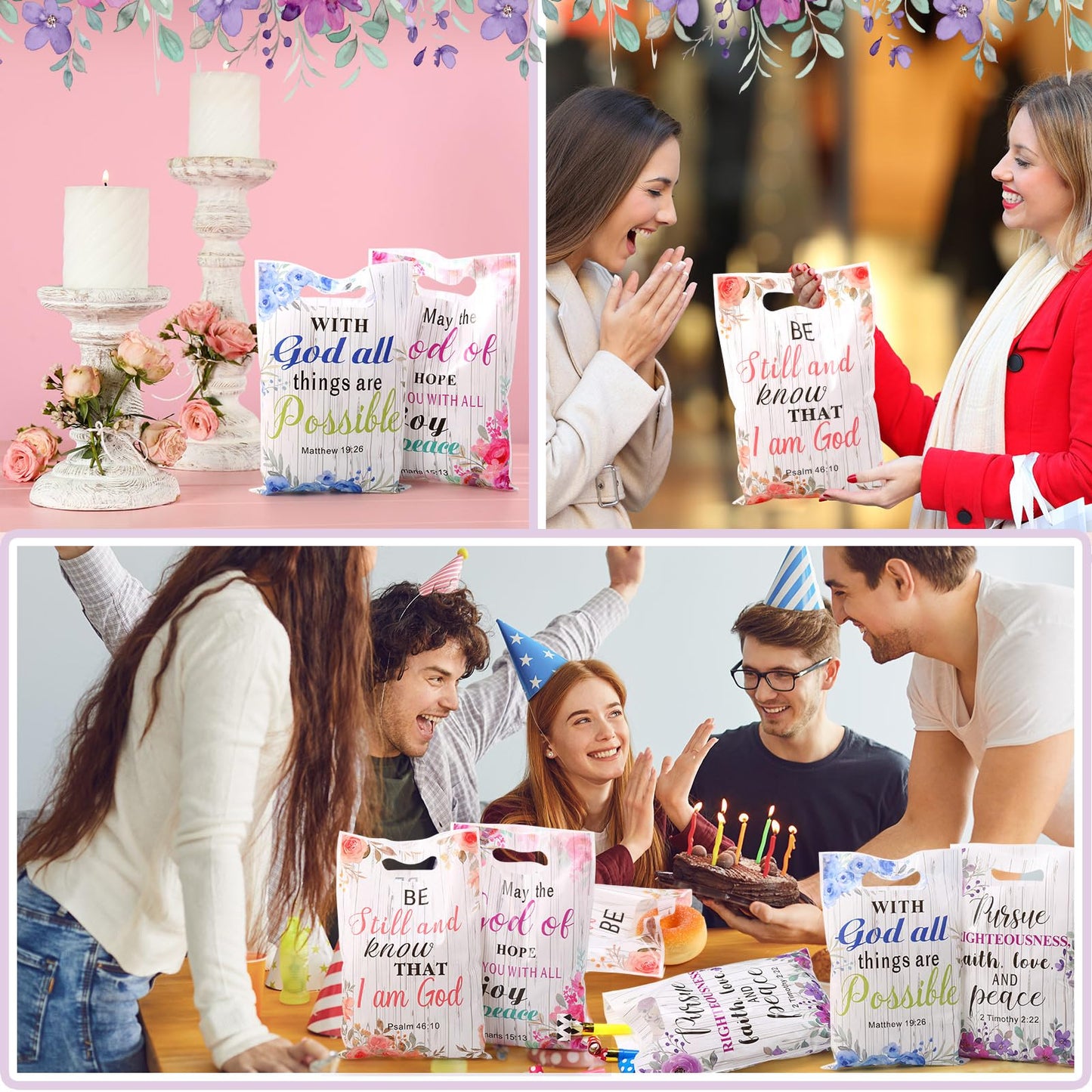 Pasimy 100 Pcs Christian Gift Bags Mother's Day Religious Bible Floral Plastic Bags with Handles Christian Bible Party Favor Pouch Inspirational Flower Candy Goodie Pouch for Women Wedding Church Gift