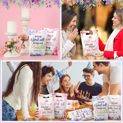 Pasimy 100 Pcs Christian Gift Bags Mother's Day Religious Bible Floral Plastic Bags with Handles Christian Bible Party Favor Pouch Inspirational Flower Candy Goodie Pouch for Women Wedding Church Gift