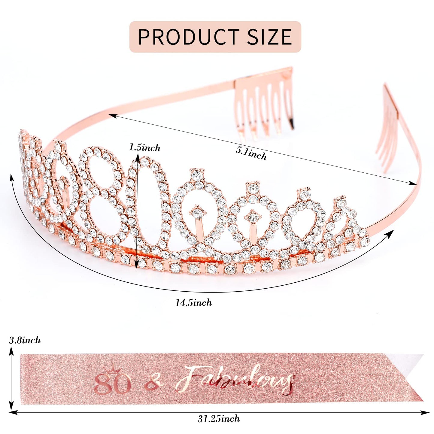 CIEHER 80th Birthday Crown + Sash + Pearl Pin Set, Elegant Gift for Women's 80th Birthday Party Decorations