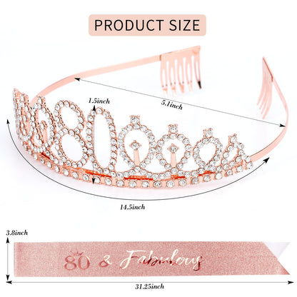 CIEHER 80th Birthday Crown + Sash + Pearl Pin Set, Elegant Gift for Women's 80th Birthday Party Decorations