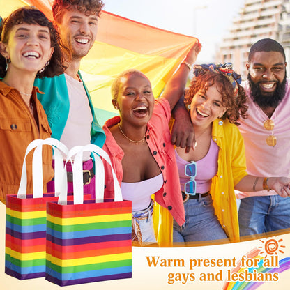 50 Pcs Gay Pride Day Gift Bags Bulk Reusable Tote Bags with Handle, Rainbow Striped Non Woven Flat Bottom Tote for Wedding Birthday Lgbt Awareness Month Party Supplies (Rainbow)