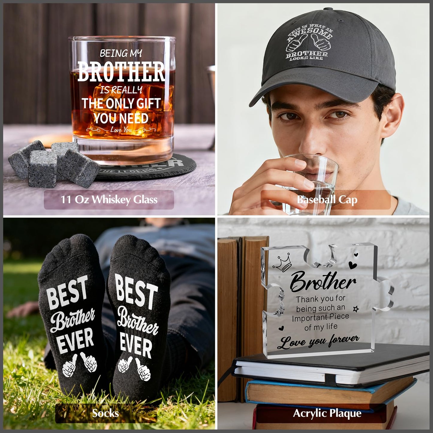 15 Pcs Brother Gifts from Sister Brother with 11 Oz Whiskey Glass Coaster Hat Socks Acrylic Plaque Bracelet Keychain, Birthday Christmas Christian Gift for Men Son Nephew Grandson