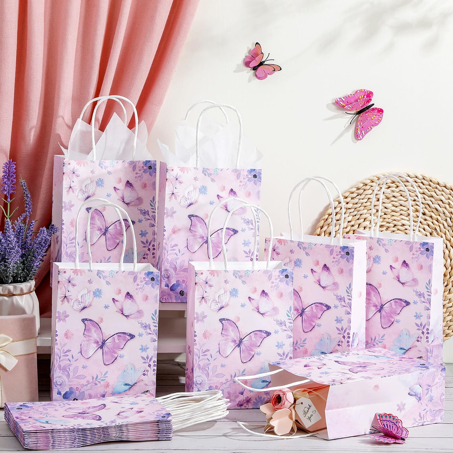 Kolldenn 30 Pcs Butterfly Birthday Party Favor Gifts Bags Candy Goodie Bags with Handles Pink Purple Butterfly Decorations Party Supplies for Girls Birthday Baby Shower Wedding(Romantic Purple)