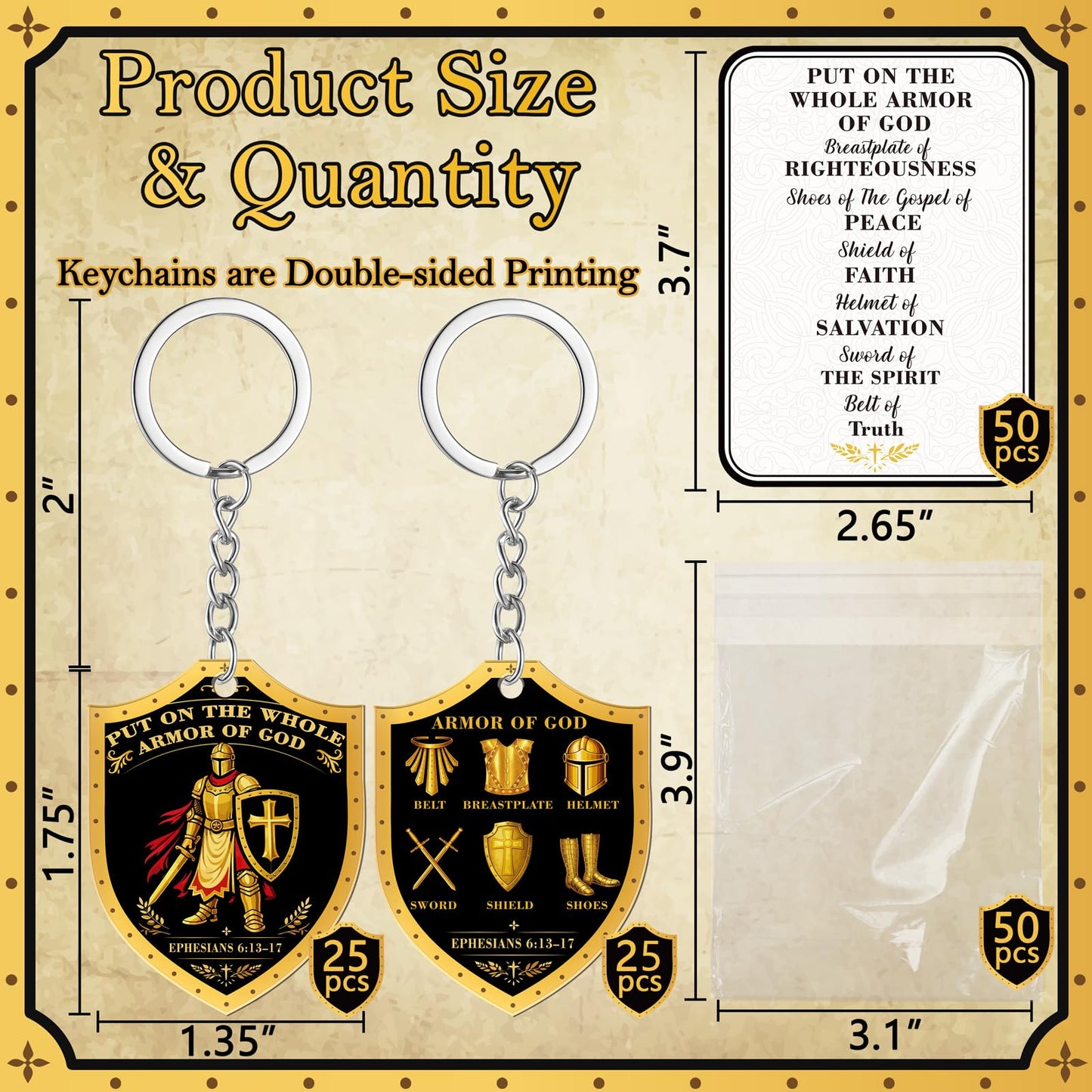 50PCS Christian Keychain Gifts for Men plus 50 Cards Transparent Bags Religious Key Chain Bulk Father's Day Party Gift Supplies
