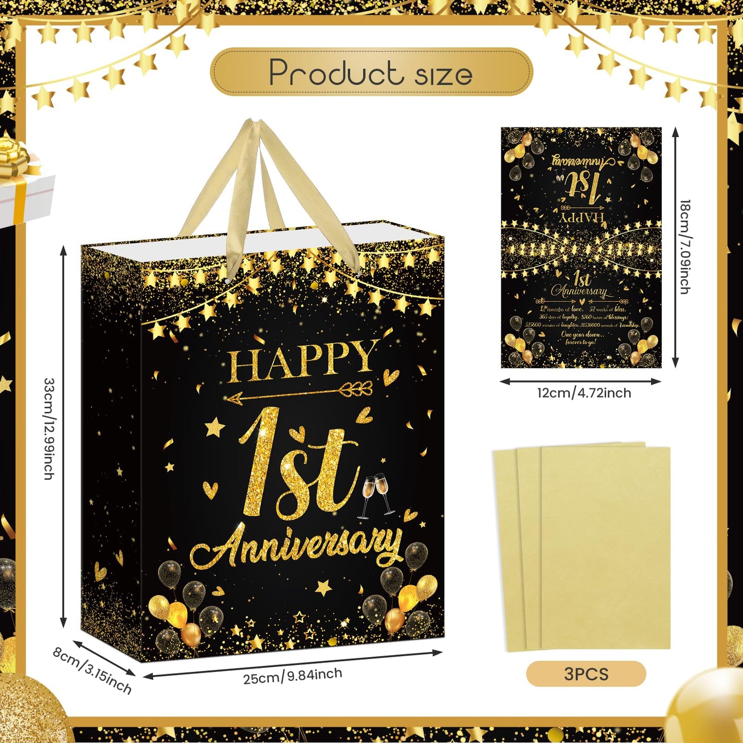 Happy 1st Anniversary Party Favor Bag Black Gold One Year Wedding Anniversary Wrapping Paper Bag with Tissue Paper and Greeting Card First Wedding Candy Goodies Treat Bags for Couple Wife Husband