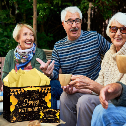 Hooqict Large Retirement Gift Bag Black Gold Happy Retirement Party Gift Bag with Handles, Wrapping Paper, Greeting Card for Men Women Coworker Teacher Farewell Going Away Party Favors