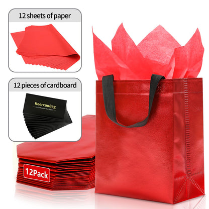 KeerxunBag 12pcs Reusable Gift Bags（Includes Tissue Paper） Gift bag with handle Birthdays Parties Holidays Weddings Medium 10x4x8in red Gift Bags