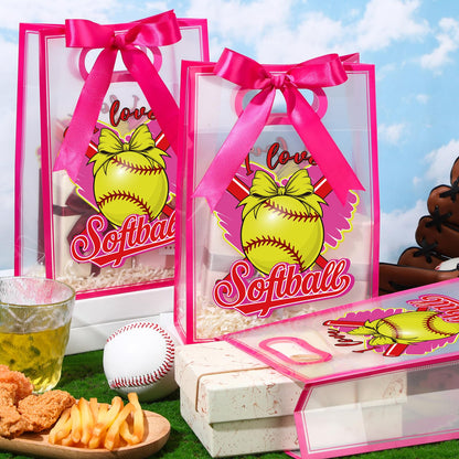 Aliceset 12 Pcs Softball Clear Goodie Bag with Die Cut Handles and Ribbons Sport Theme Party Favor Bags for Softball Team Snack Wrapping Teamer Gifts Birthday Party Treats Supplies, 7x10x3.15 Inch