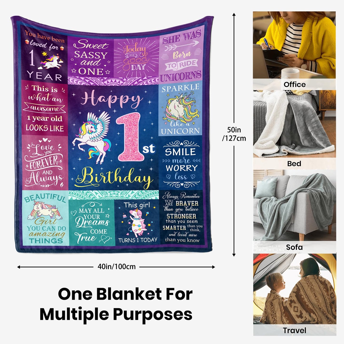 Solzien 1 Year Old Girl Birthday Gift Blanket 50"x40", Gifts for One Year Old Girl, First/1st Birthday Gift Ideas