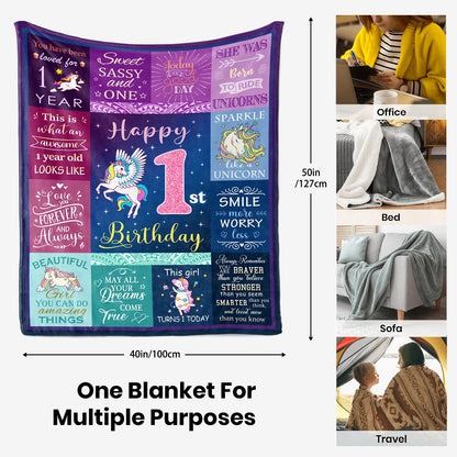Solzien 1 Year Old Girl Birthday Gift Blanket 50"x40", Gifts for One Year Old Girl, First/1st Birthday Gift Ideas