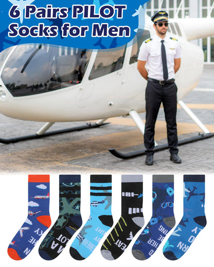 Halfchet 6 Pairs Novelty Airplane Crew Socks for Men Funny Plane Pilot Aviation Gifts for Father Day Dad Grandpa Gifts