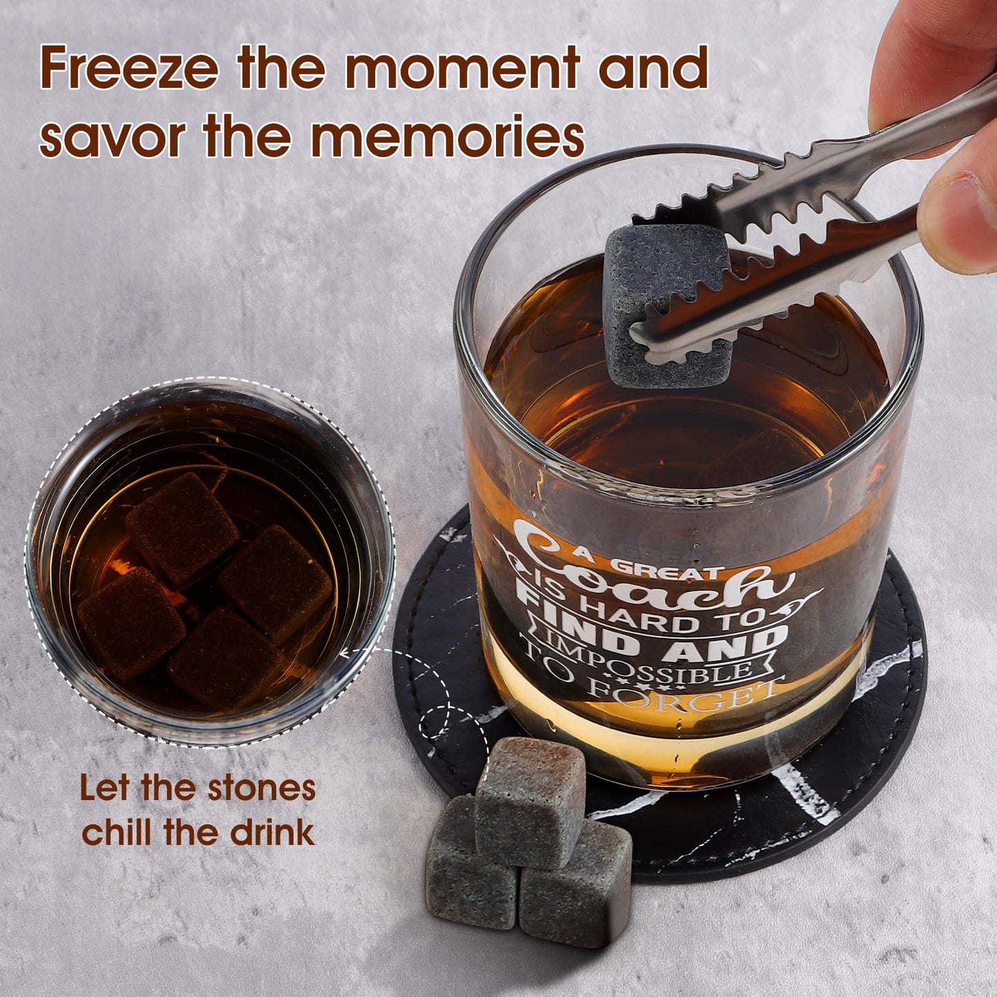 Whiskey Glass Gifts for Coaches, Best Coach Gift for Men, Thank You Gifts for Coaches with 12oz Whiskey Glasses, Stones, Coaster, Wooden Box for Baseball, Softball, Soccer, Basketball Coach