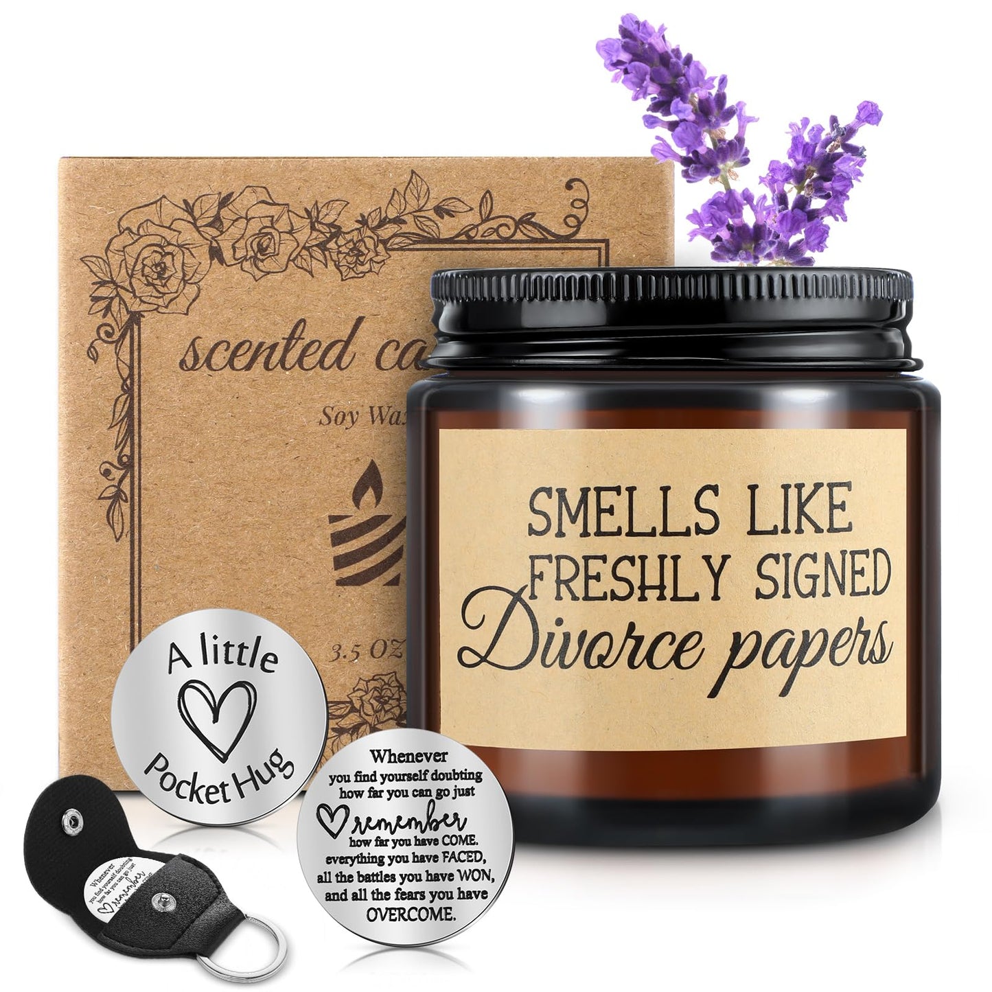Coume 3 Pcs Divorce Lavender Scented Candle Gifts for Women Scented Candles Pocket Hug Token and PU Leather Keychain Breaking up Funny Gifts for Friends Sister Coworker Men Female(Novel)