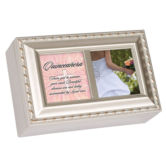 Cottage Garden Quinceañera from Girl to Woman Champagne Rope Trim Petite Music Box Plays Light Up My Life