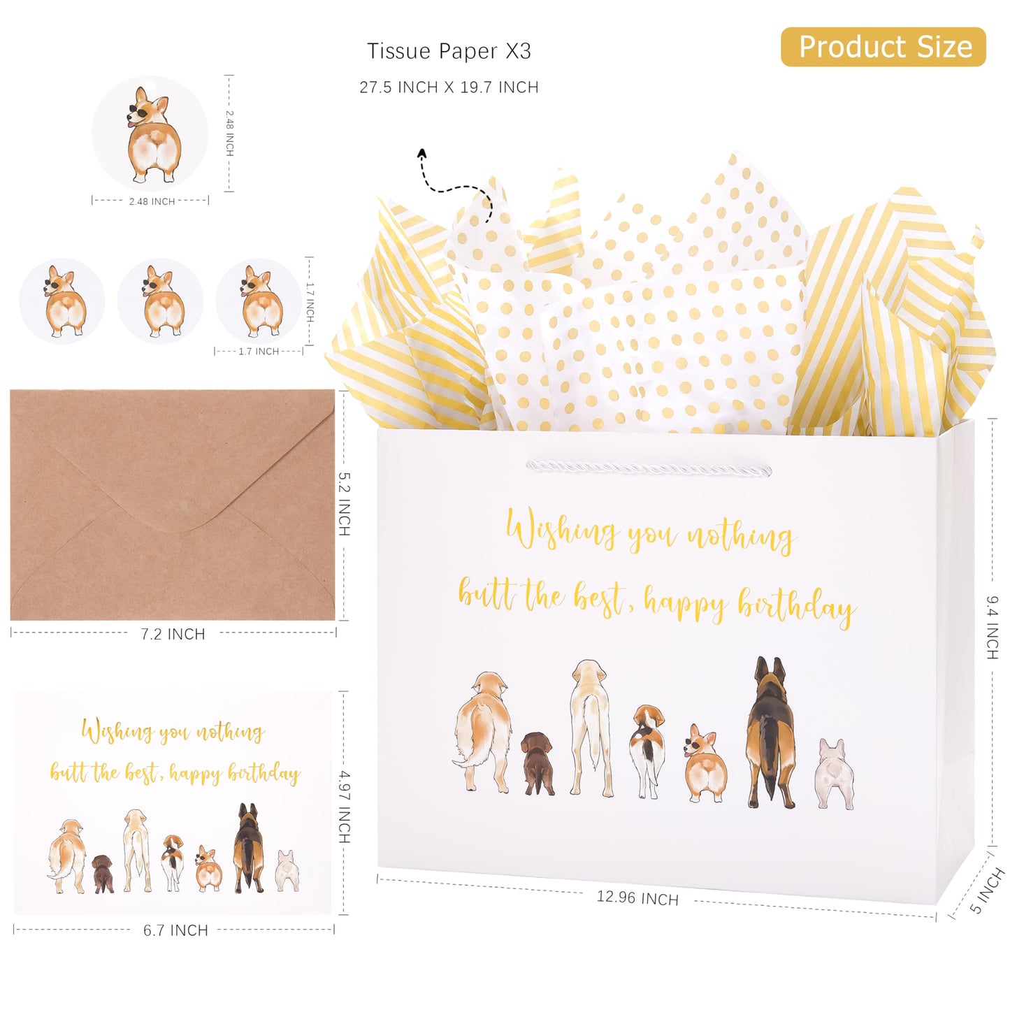 Crisky 13" Funny Dog Happy Birthday Gift Bag with Tissue Paper and Card for Women, Men, Girls, Boys, Kids, Friends, Wishing You Nothing but the Best Bags with Handles for Party