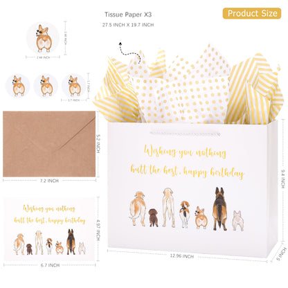 Crisky 13" Funny Dog Happy Birthday Gift Bag with Tissue Paper and Card for Women, Men, Girls, Boys, Kids, Friends, Wishing You Nothing but the Best Bags with Handles for Party