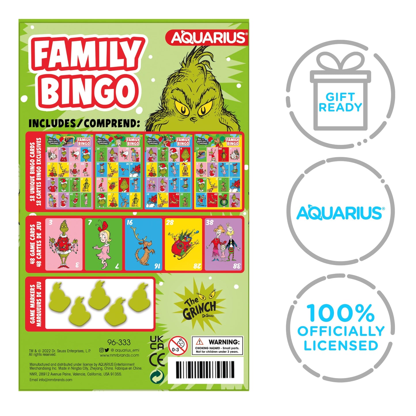 Aquarius Grinch Family Bingo Game - Officially Licensed Christmas Party Game Ages 8+, 2-18 Players - for Kids, Teens, Adults, and Families