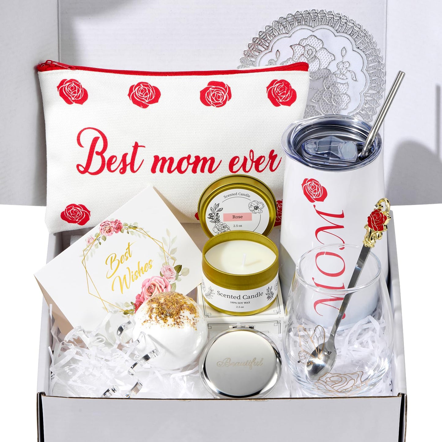Gifts for Mom, Elegant Rose Gift Basket for Women, Birthday Gifts for Mom from Daughter Son Husband Family, Coffee Mug Glass Drinking Set, Mother's Day, Mom Gift Box