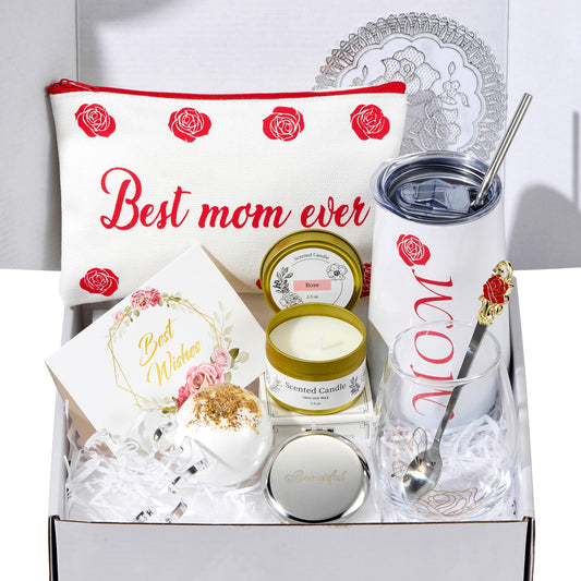 Gifts for Mom, Elegant Rose Gift Basket for Women, Birthday Gifts for Mom from Daughter Son Husband Family, Coffee Mug Glass Drinking Set, Mother's Day, Mom Gift Box