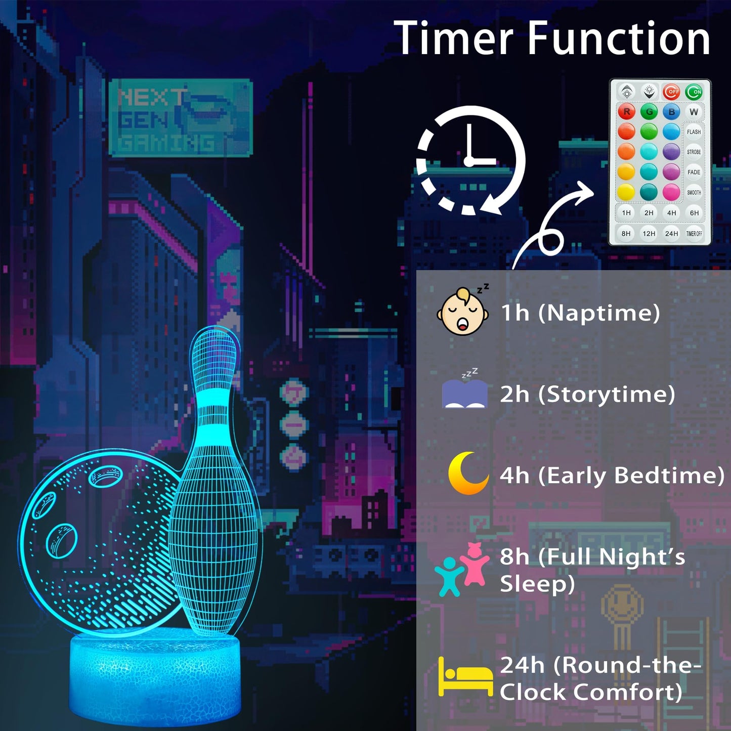 Bowling Night Light, Bowling Gifts 3D Illusion Lamp with 16 Colors Changing, Timer, 4 Flash Modes and Dimmable, Kids Boys Girls Room Decoration, Holiday Xmas Gifts