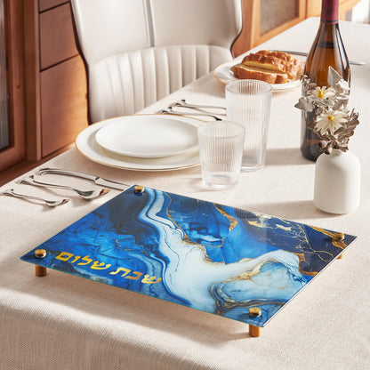 Rite Lite Glass Challah Board Blue Marble Design Shabbat Cutting Board Jewish Home Decor Challah Slicing Board Judaica Gift for Holiday & Sabbath Celebrations 15"L