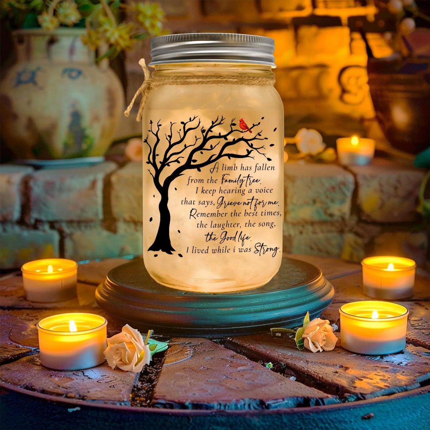 Memorial Gifts Mason Jar Light, Red Cardinal - Memory Gifts for Loss Loved Ones, Bereavement Gift Idea, Sympathy Loss of Mother, Dad, Son, Husband/Family Member A Limb Has Fallen From Our Family Tree