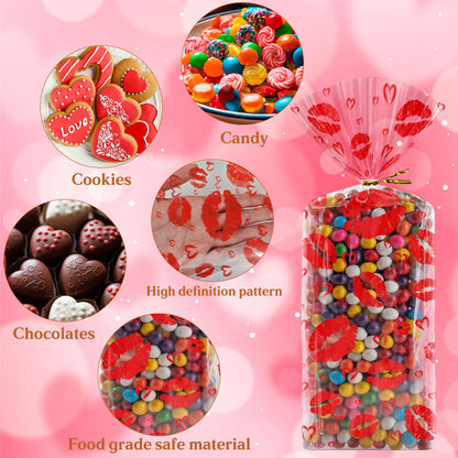 Valentines Gift Bags - 120 PCS Heart Kiss Cellophane Candy Treat Goodie Bags for Kids | Snack Cookie Stocking Stuffers Gift Basket -Valentines Day Birthday Party Favors Decorations Supplies Decor