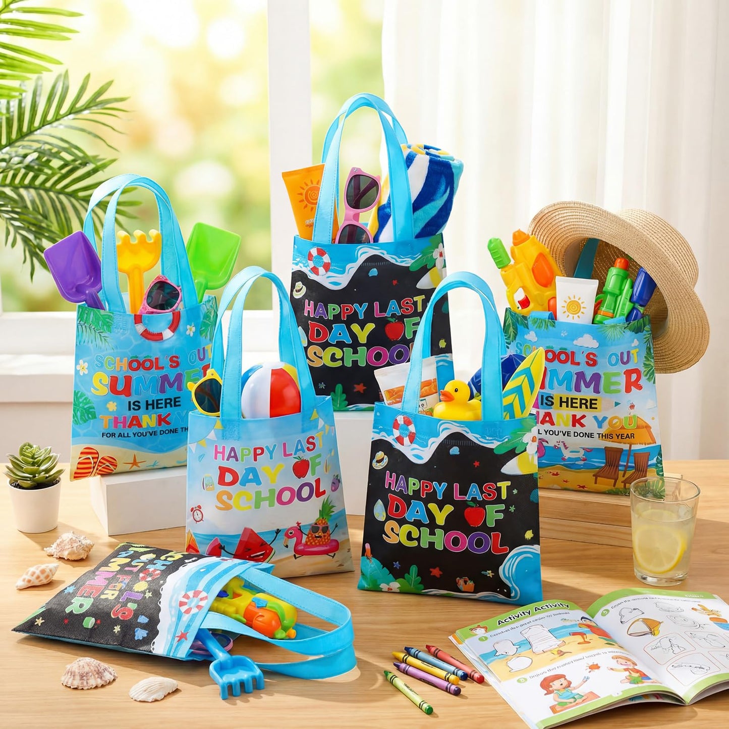 Cosblank 36 Pcs Summer Gift Bags Bulk, School's out for Summer End of Year Tote Bags with Handle, Non-woven Reusable Last Day of School Gifts for Students Classroom Beach Pool Tropical Party Favors