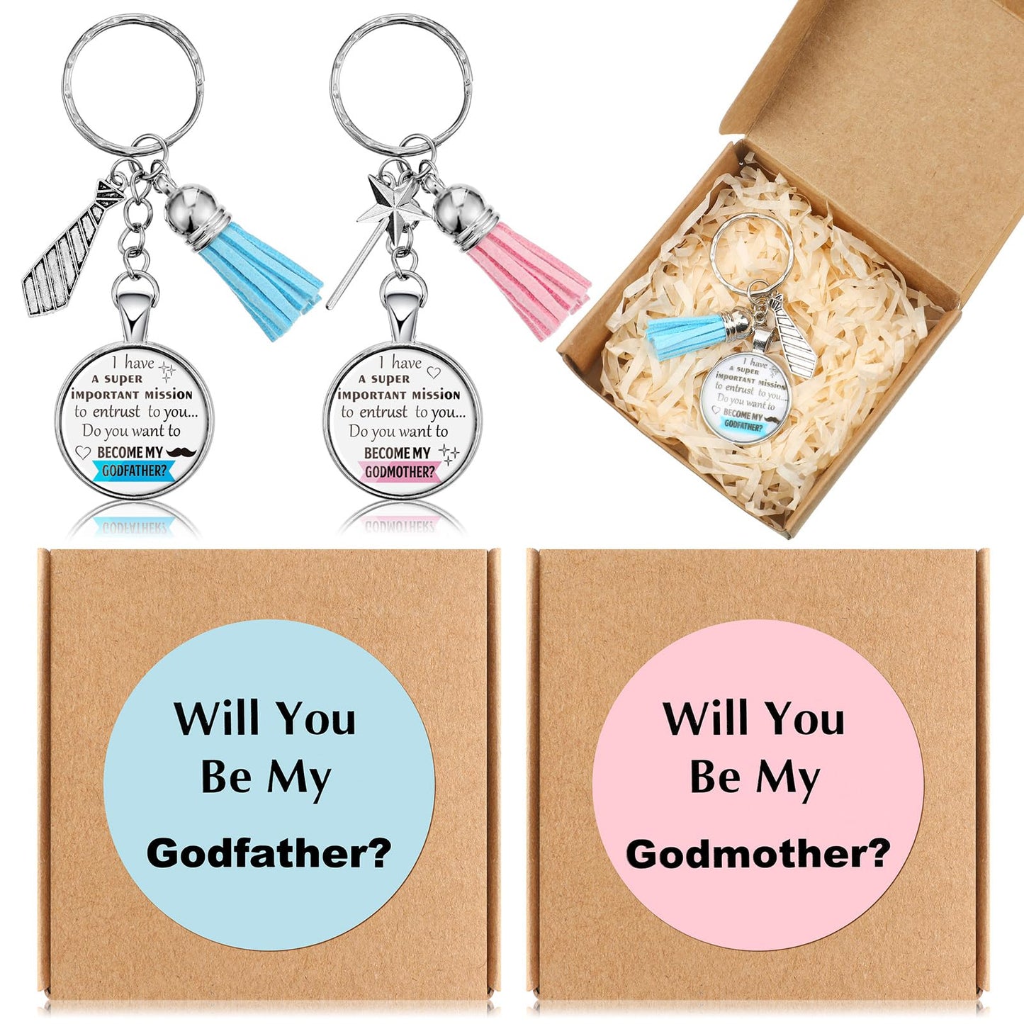 Ecation 2 Set Will You Be My Godparents (Godmother and Godfather) Godparents Proposal Gifts Godmother and Godfather Proposal Appreciation Keychains Gifts with Box for Godmother and Godfather
