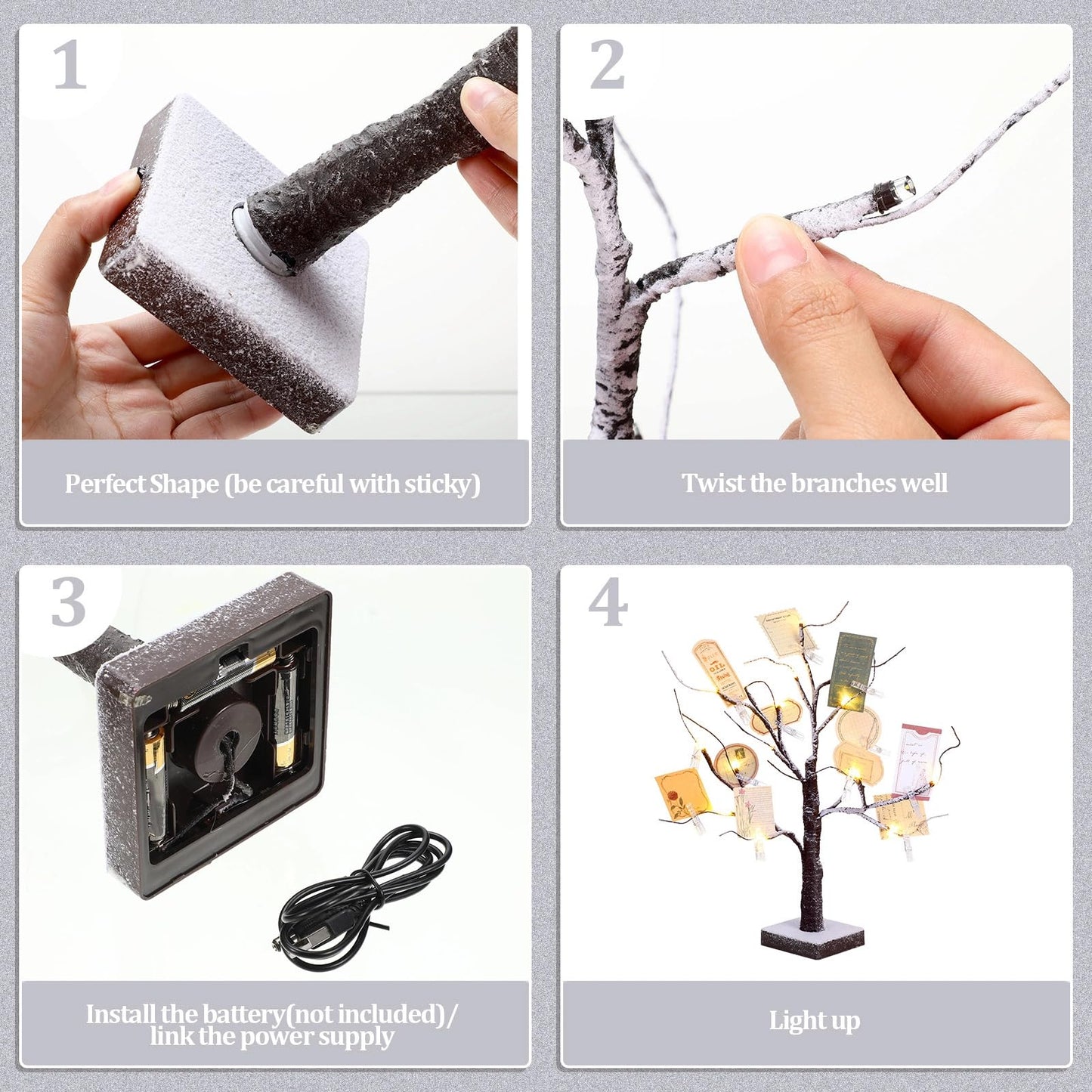 Coume Money Tree Gift Card Holder 1.5 ft Tabletop Display Tree with 72 LED Lights 15 Clear Clips Silver Display Birch Twig for Money Wedding Card Photo Birthday