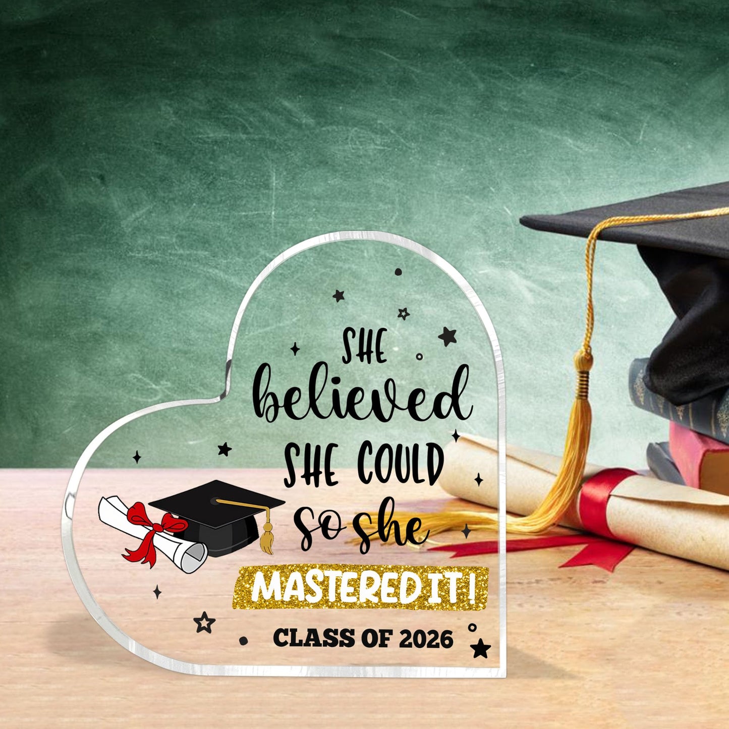 Graduate Gifts Class of 2026 Plaque, College Graduation Gifts for Her Women, Inspirational Graduation Gift, Masters Graduate Grad Keepsake for Masters Degree Heart Acrylic Paperweight, She Mastered It