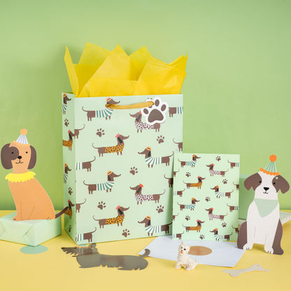 Loveinside Dachshund Gift Bag for Boys Girls, Cut Sausage Dog Dressed-Up Design with Paw Prints, Green Medium Gift Bag with Tissue Paper, Tag, Card for Birthday, Pet Party, 10" x 5" x 13", 1 Pcs