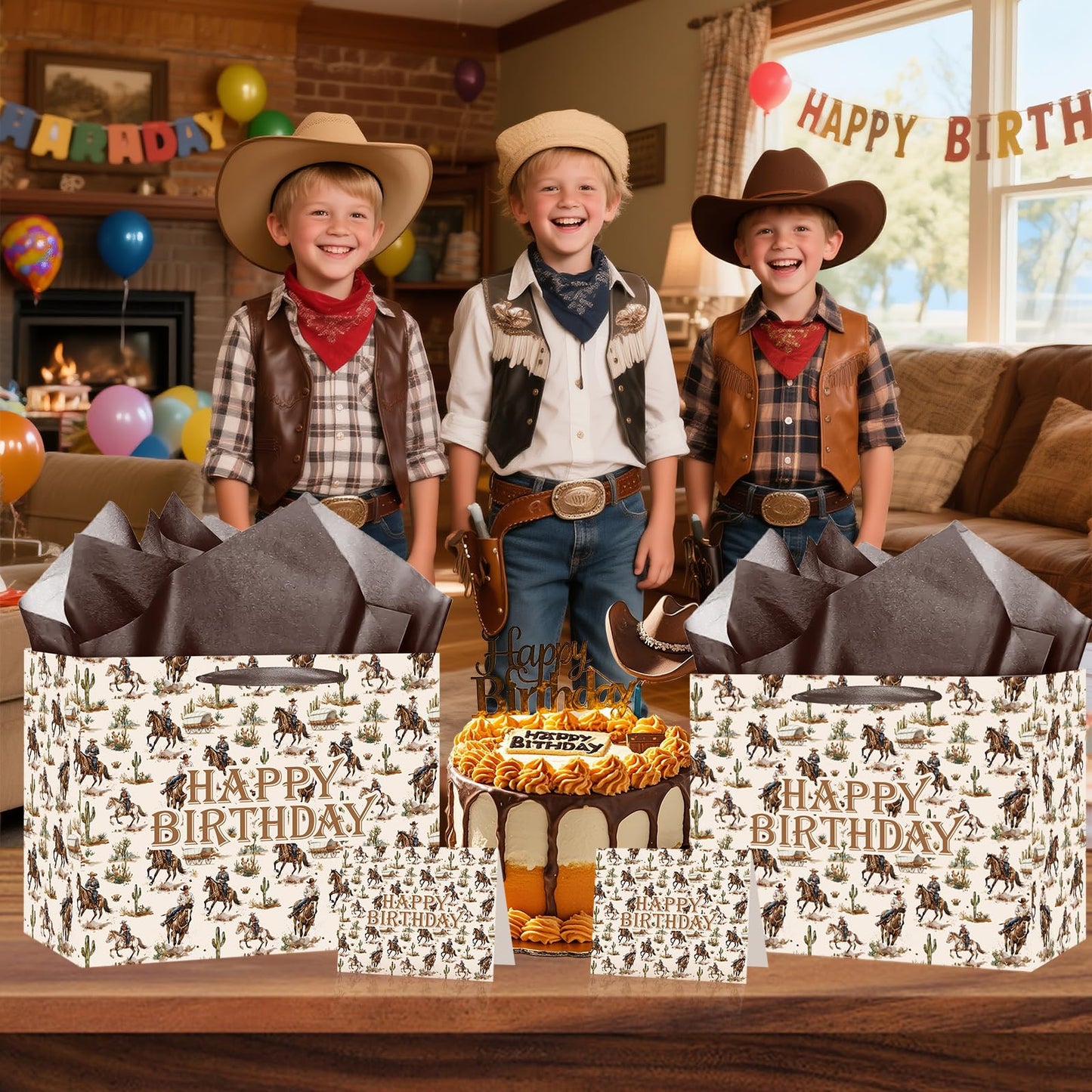 Woosytoo Cowboy Birthday Gift Bag Western Rodeo Happy Birthday Wrapping Bag with Greeting Card and Tissue Paper Wild West Horse Treat Candy Bag for Boys Men Bday Western Theme Party Supplies