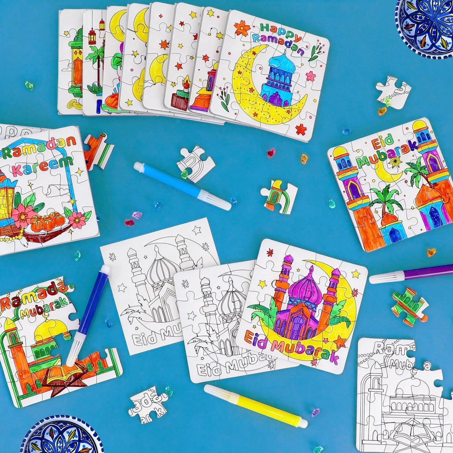 Ramadan Crafts for Kids, Eid Mubarak Arts and Crafts DIY Puzzle with Lanterns, Stars, Masjid, Moon, Castles, Ramadan Eid Activities Painting Kits for Islamic Gifts Party Favors & Goodies Bulk