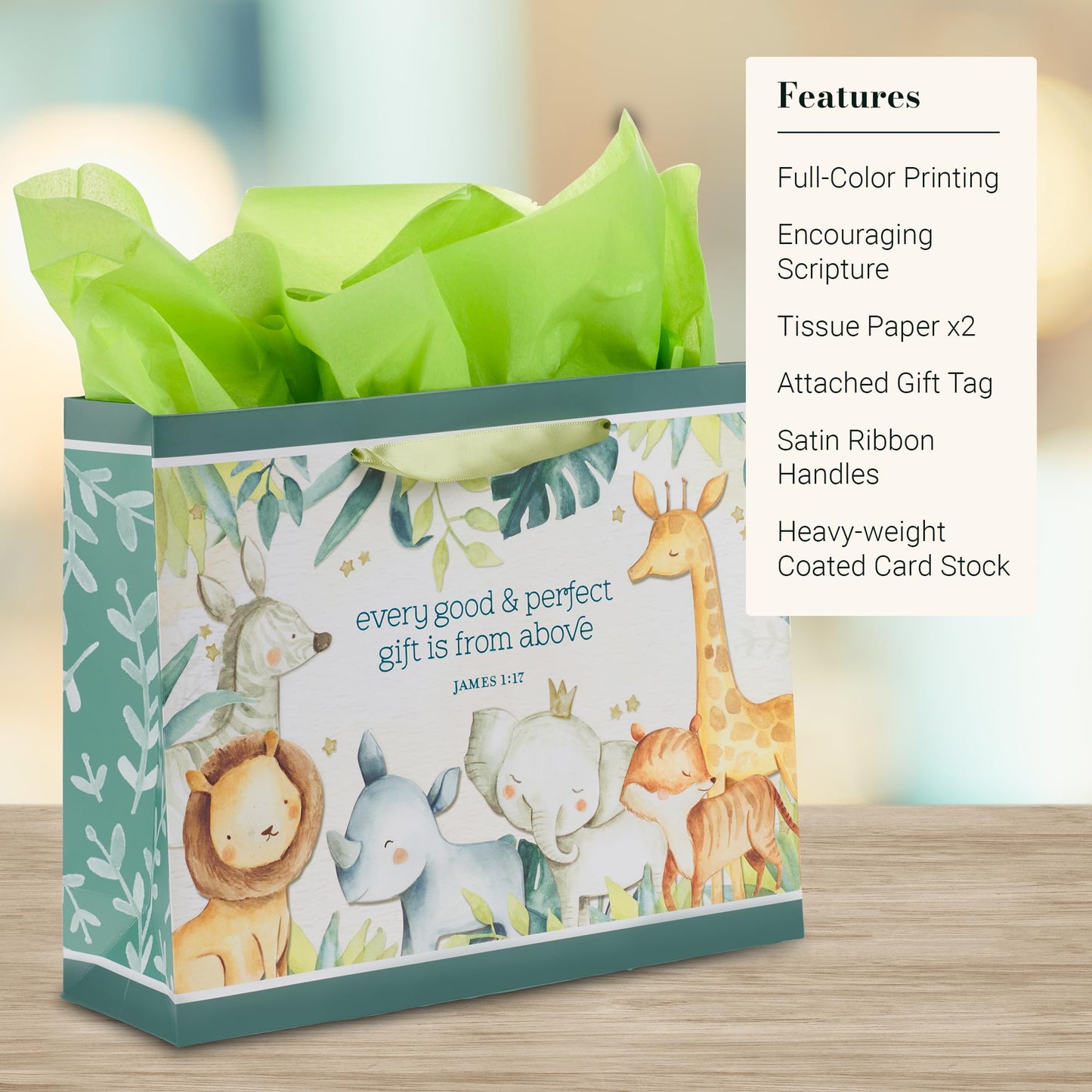 Christian Art Gifts Large Landscape Scripture Gift Bag w/Greeting Card & Tissue Paper Set for Kids: Every Gift Inspirational Bible Verse, Cute Animal Forest Theme Childrens Wrapping Accessory, Boys,