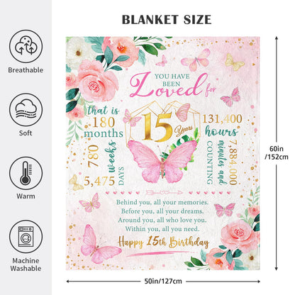 Birthday Gifts for 15 Year Old Girl Throw Blanket 60"x50", Quinceanera Gifts for Girl, 15th Birthday Gift Ideas for Teen Girls,15th Birthday Gifts, Quinceanera, Sweet 15