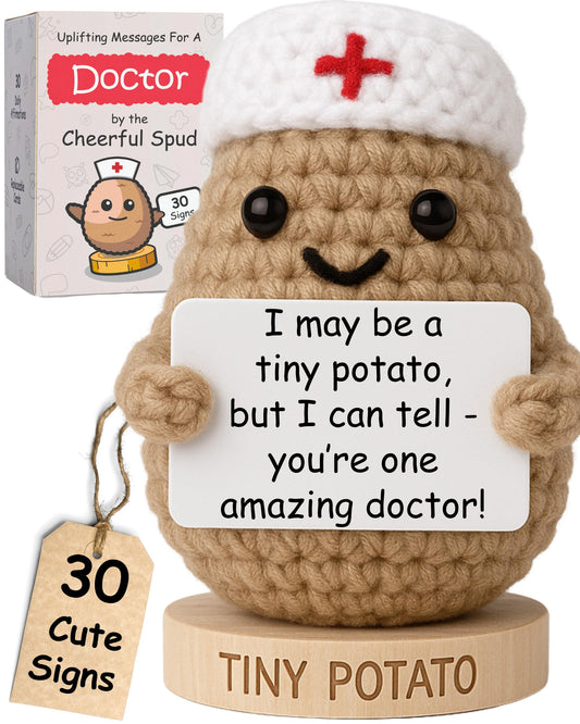 Doctor Gifts - Handmade Crochet Potato Doll with 30 Cute Appreciation Signs for Doctors - Funny Gift Idea for Women DR for Birthday, Mothers Day, Retirement - Bulk Staff Appreciation Thank You Present