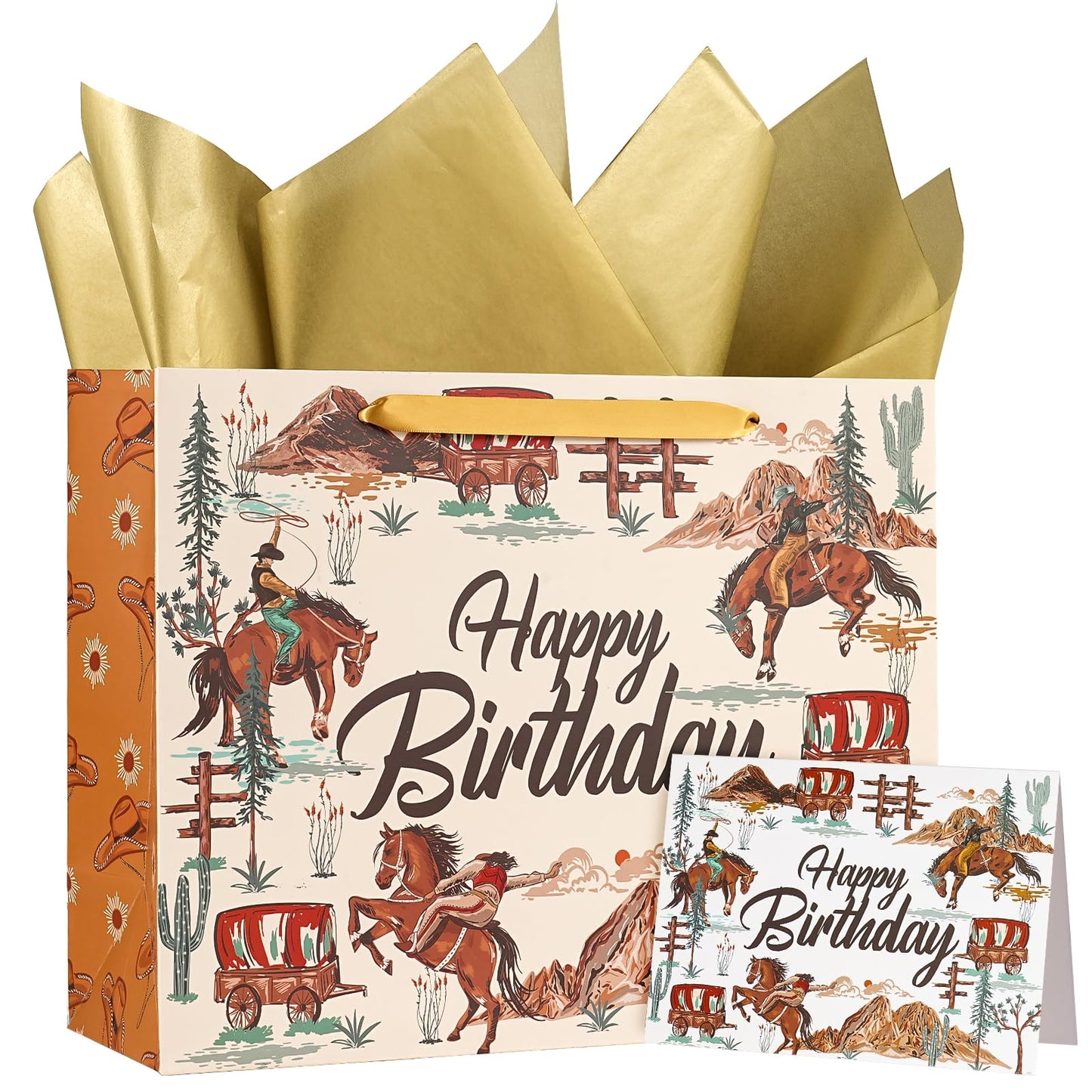WRAPAHOLIC 13" Cowboy Birthday Gift Bags with Tissue Paper and Card - Brown Cowboy Theme Paper Bags for Men Birthday Western Theme Party Rodeo Stuffer