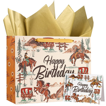 WRAPAHOLIC 13" Cowboy Birthday Gift Bags with Tissue Paper and Card - Brown Cowboy Theme Paper Bags for Men Birthday Western Theme Party Rodeo Stuffer