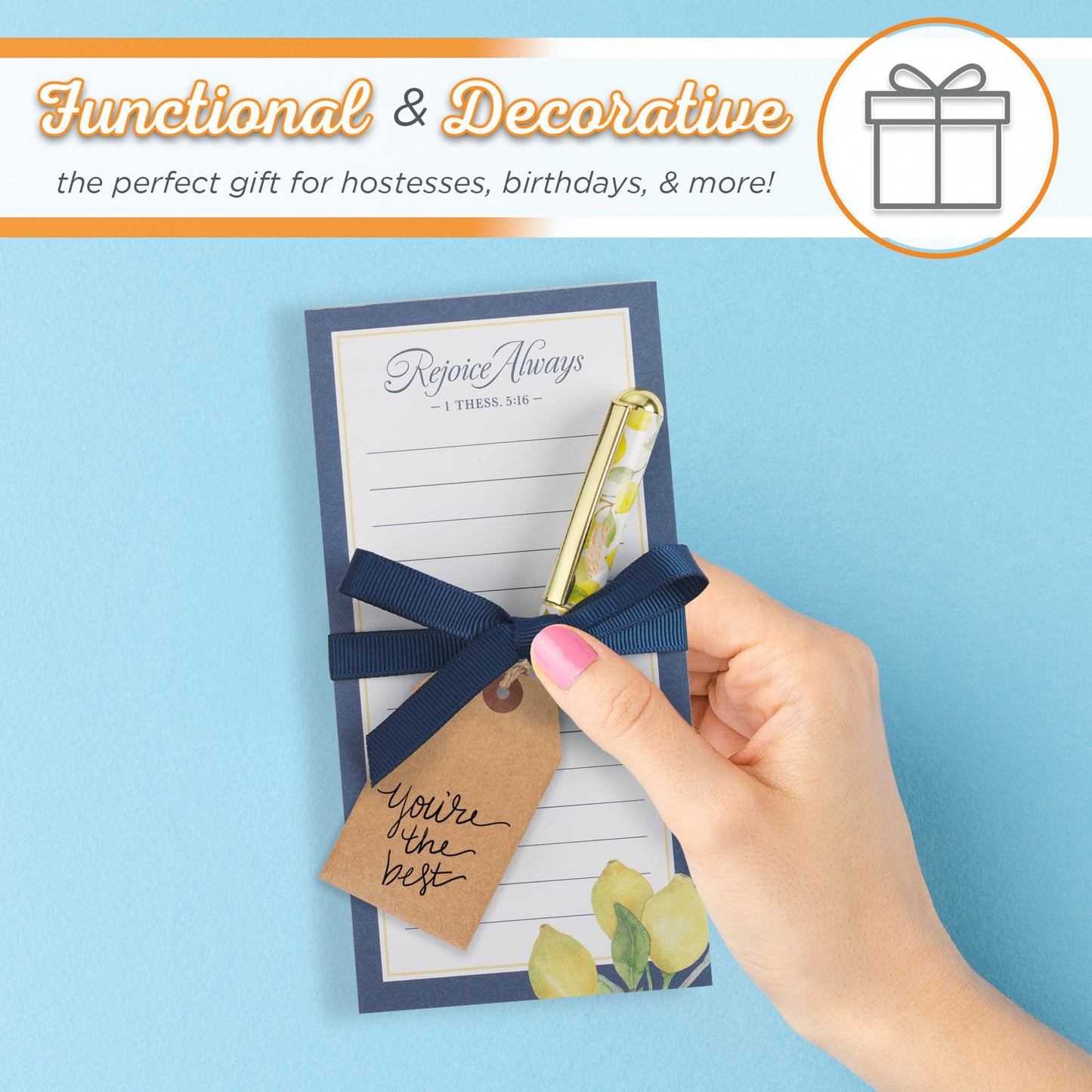 Christian Art Gifts Compact Magnetic Notepad & Medium Ballpoint Pen Set for Women: Rejoice Always Inspirational Scripture, Lists, Reminders, 70 Lined Easy Tear-off Sheets, Navy Blue & Yellow Lemons